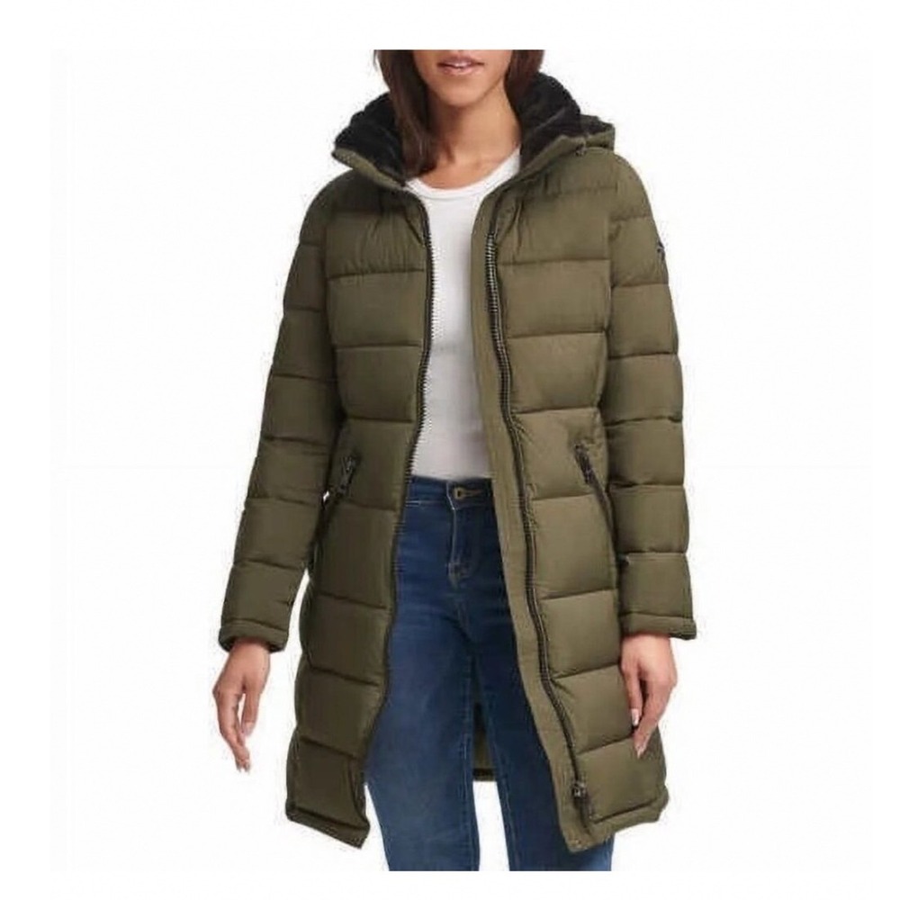 Andrew Marc Stretch Puffer Coat XL Hooded Faux Fur Parka Jacket Long